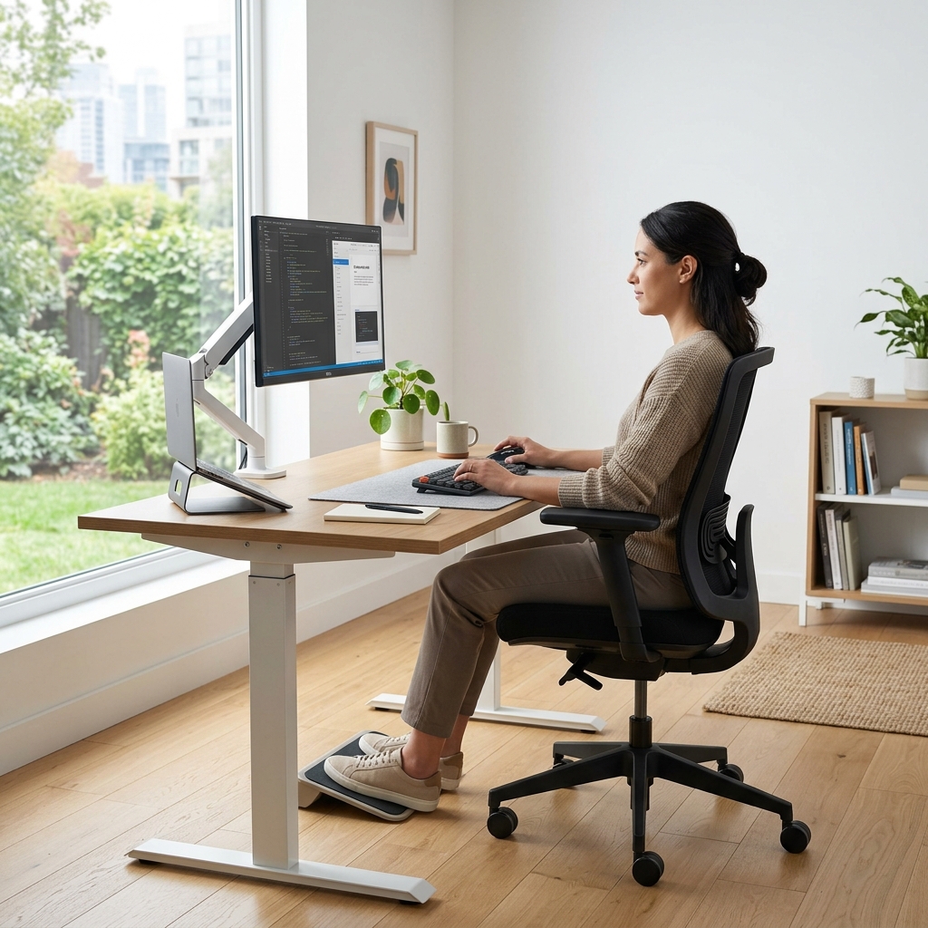Modern ergonomic office setup designed to prevent neck and shoulder strain