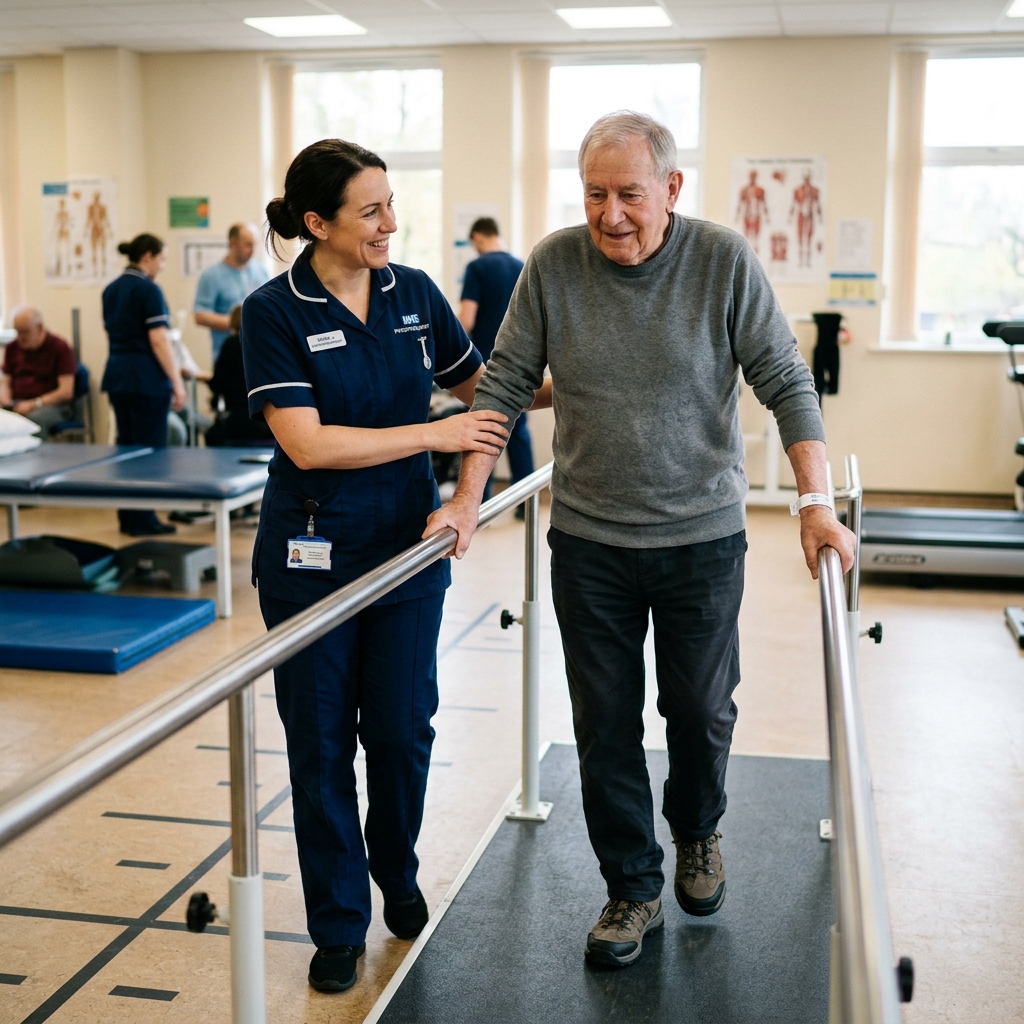 Neuro-physiotherapist assisting a patient with balance and coordination exercises