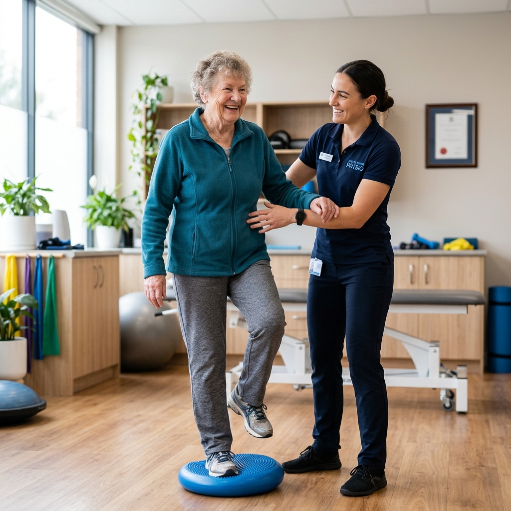 Elderly patient maintaining mobility through gentle physiotherapy exercises